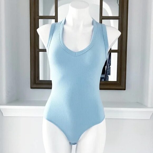 Drew Bodysuit XS NWT Sleeveless V-Neck Ribbed Ice Blue Fog Neutral Minimalist - Picture 1 of 5